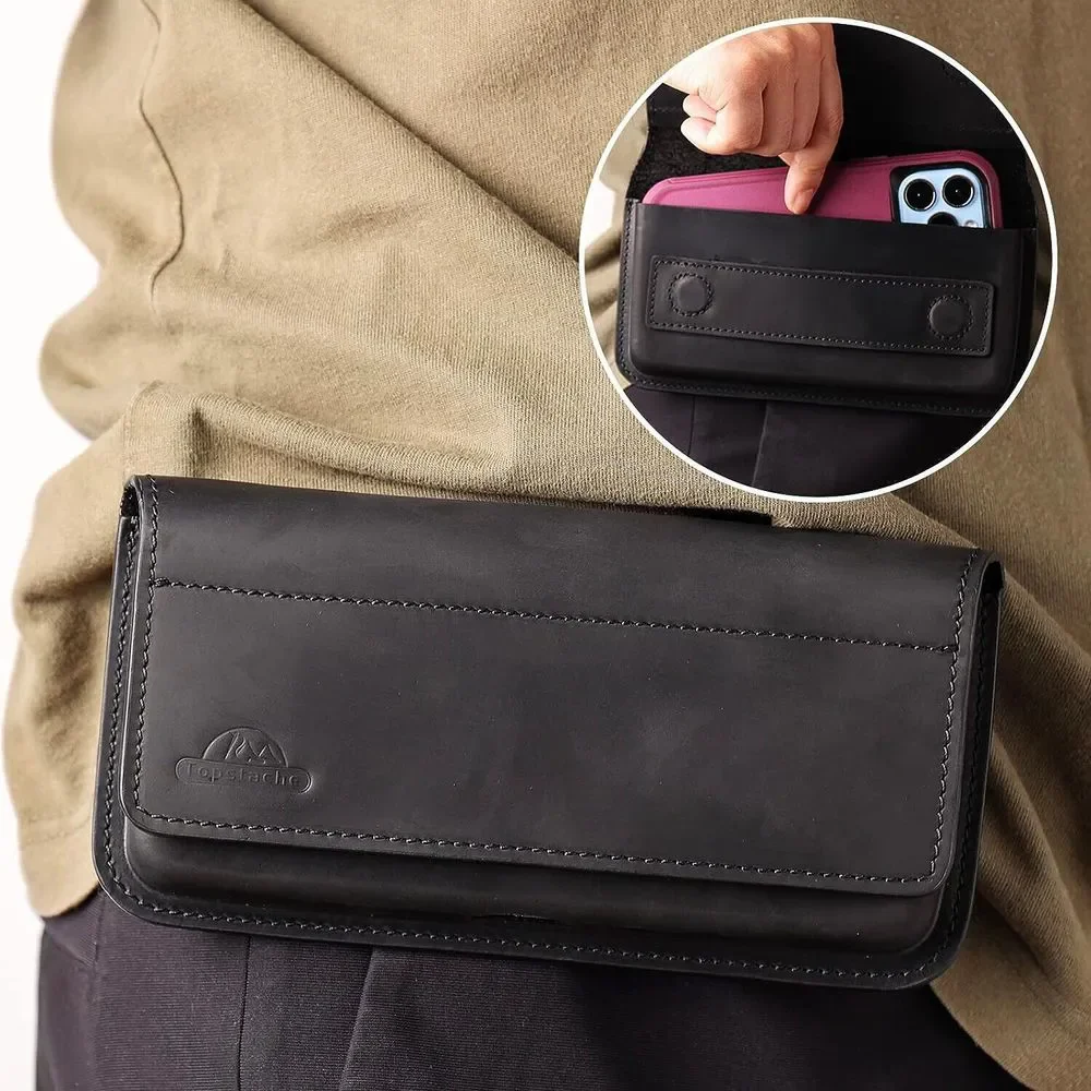 Topstache Cell Phone Holster Black Leather Belt Loop Magnetic Close Up To 7